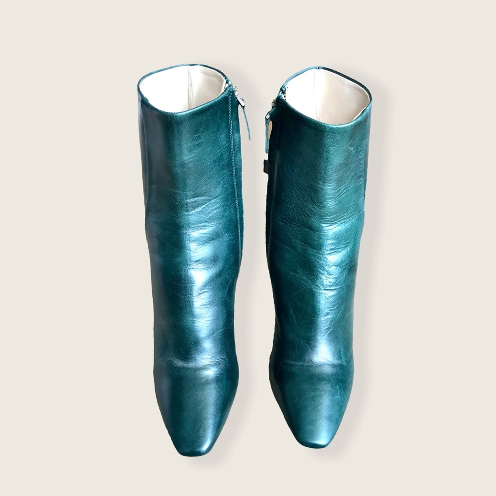 Zara Dark Green Genuine Leather Heeled Retro Minimalist Modern Cute Ankle Bootie - Picture 9 of 16